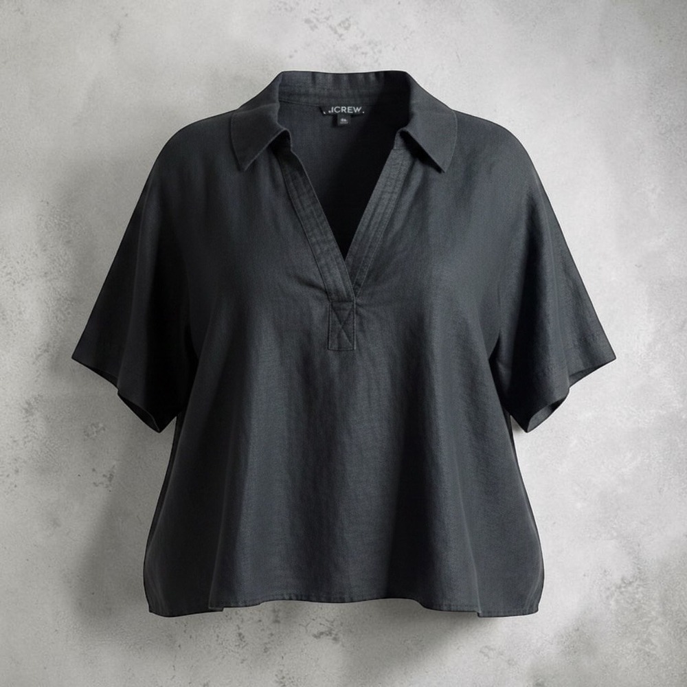 J.Crew Womens Black 100% Linen Short Sleeve V-Neck Collared Blouse Top Large
